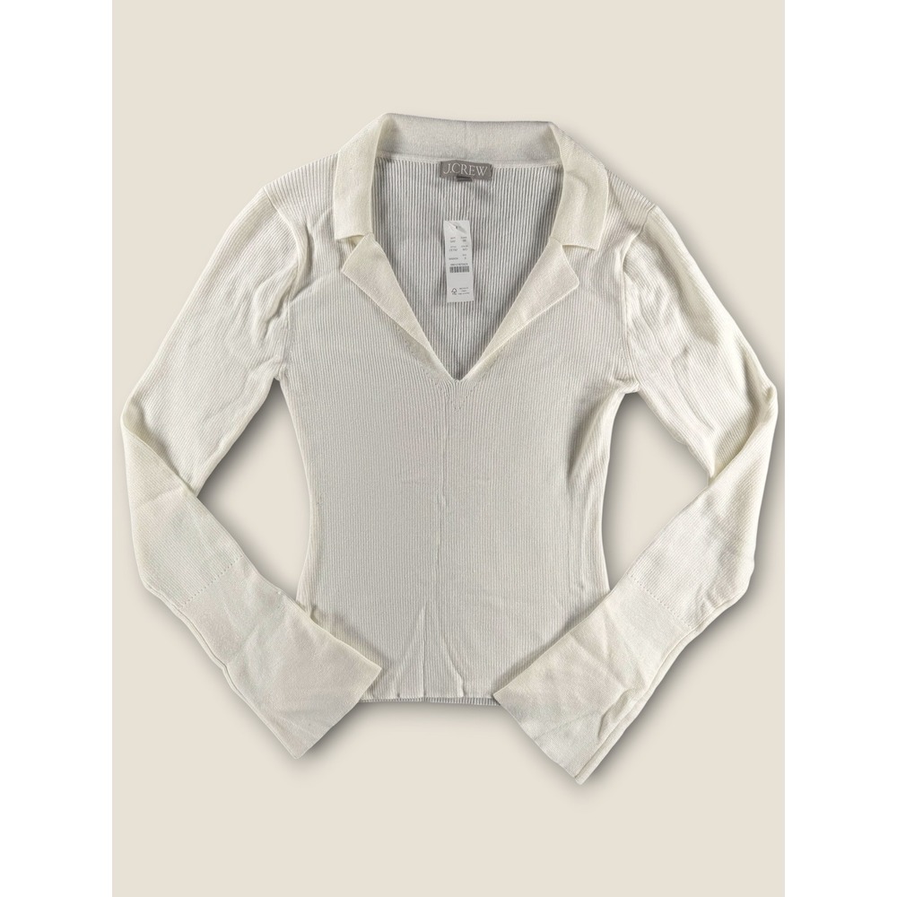 J.Crew Ribbed V-Neck Polo Sweater Ivory White Silk Blend CE732 Womens Small NWT